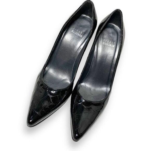 Stuart Weitzman Black Croc Embossed Patent Leather Pointed Toe Pumps Size 7.5 M - Picture 2 of 11